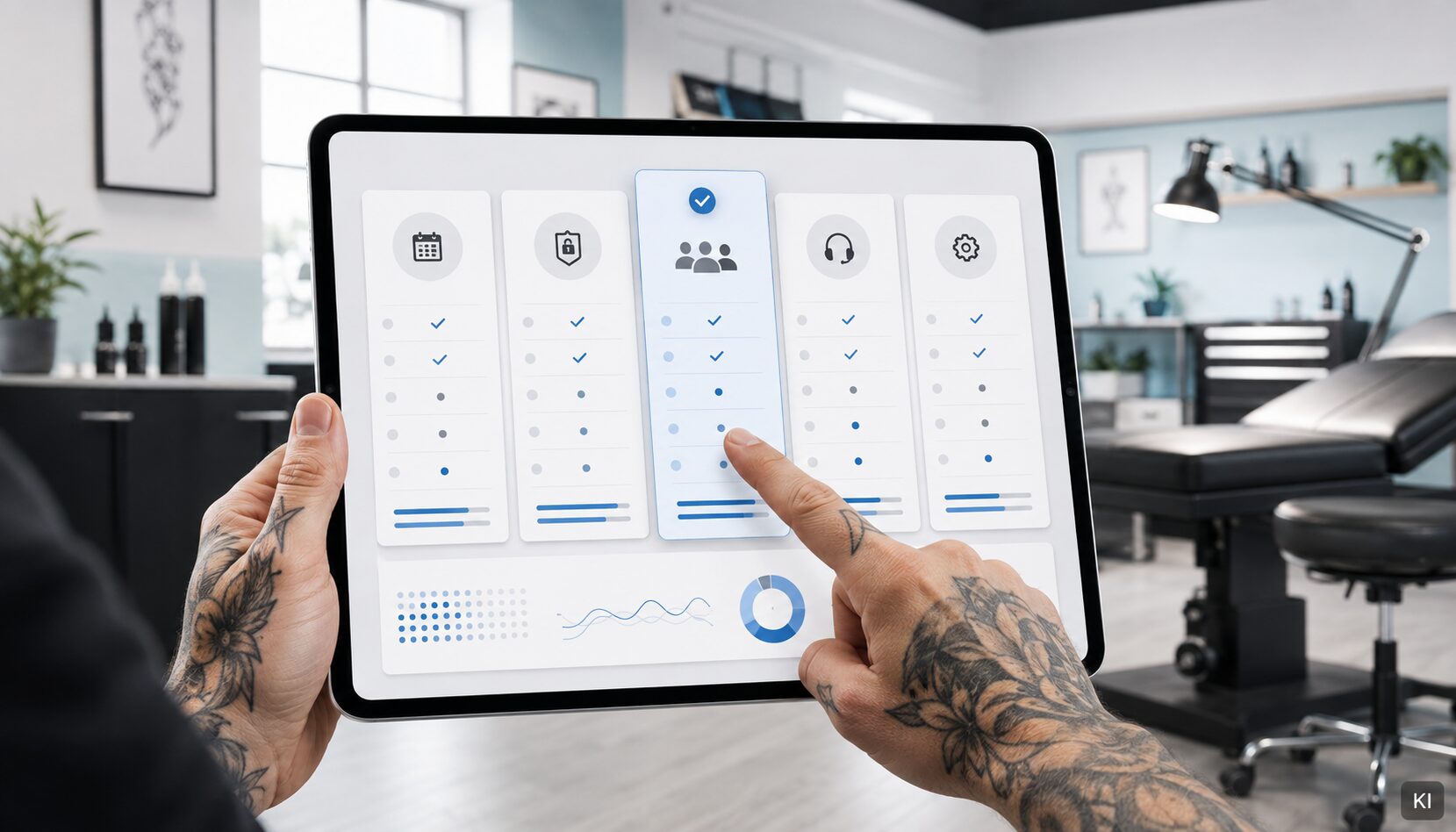 Tätowierte Hände vergleichen auf einem Tablet Kriterien für Tattoo-Studio-Software