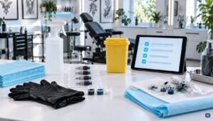 Hygieneplan im Tattoo-Studio mit sauber getrennten Arbeitsbereichen und digitaler Checkliste
