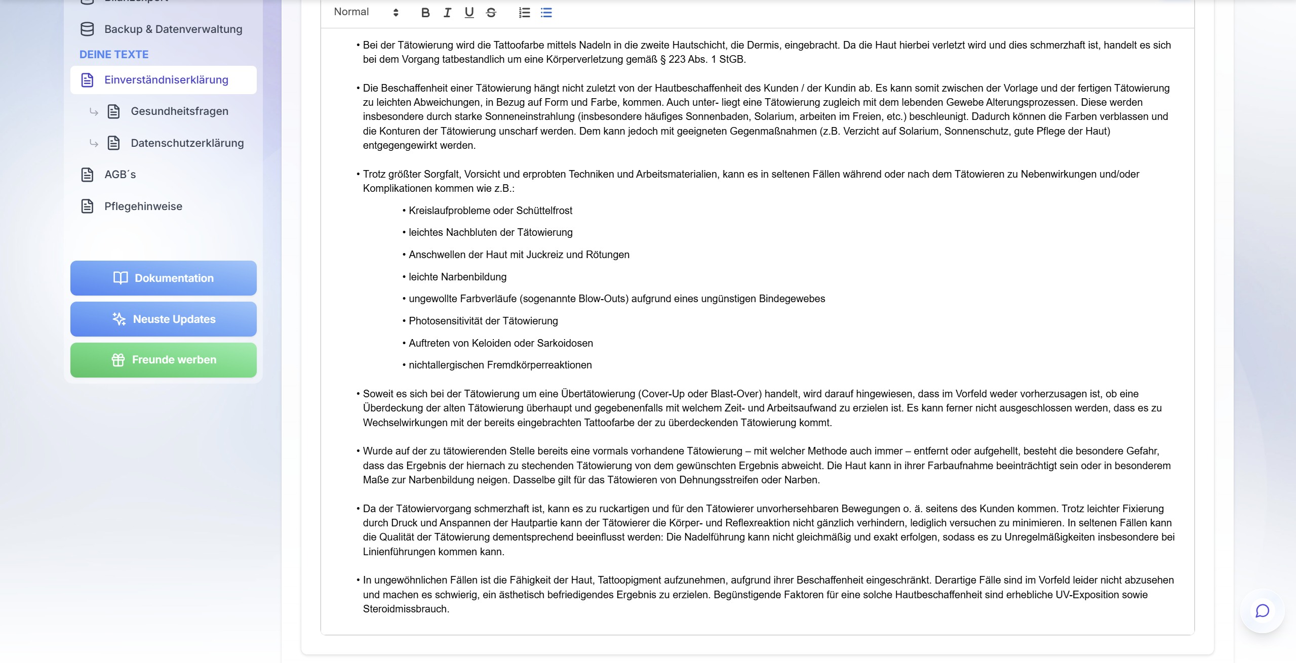 TattooManager Dokumente – Einverständniserklärung