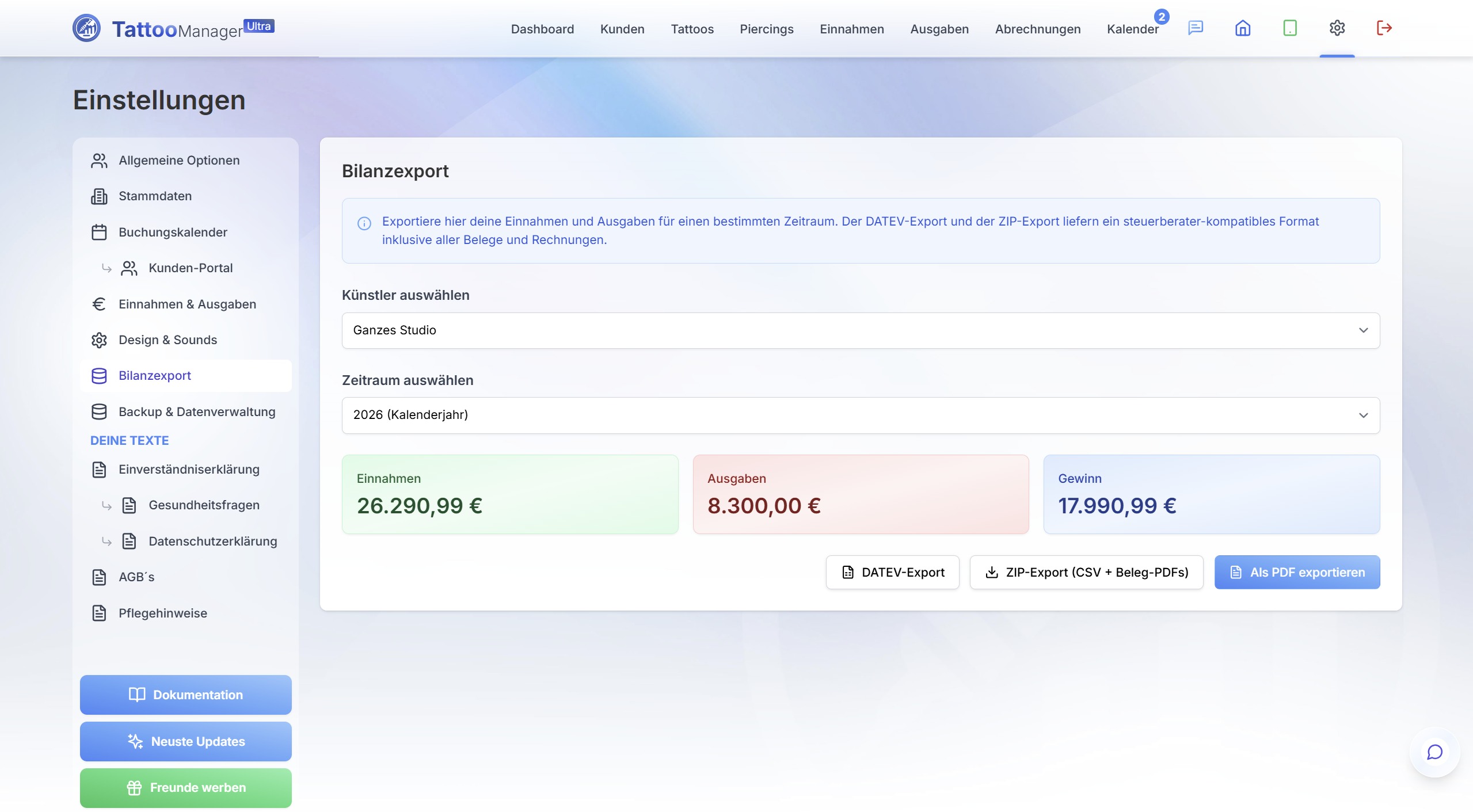 TattooManager Finanzen – Bilanzexport
