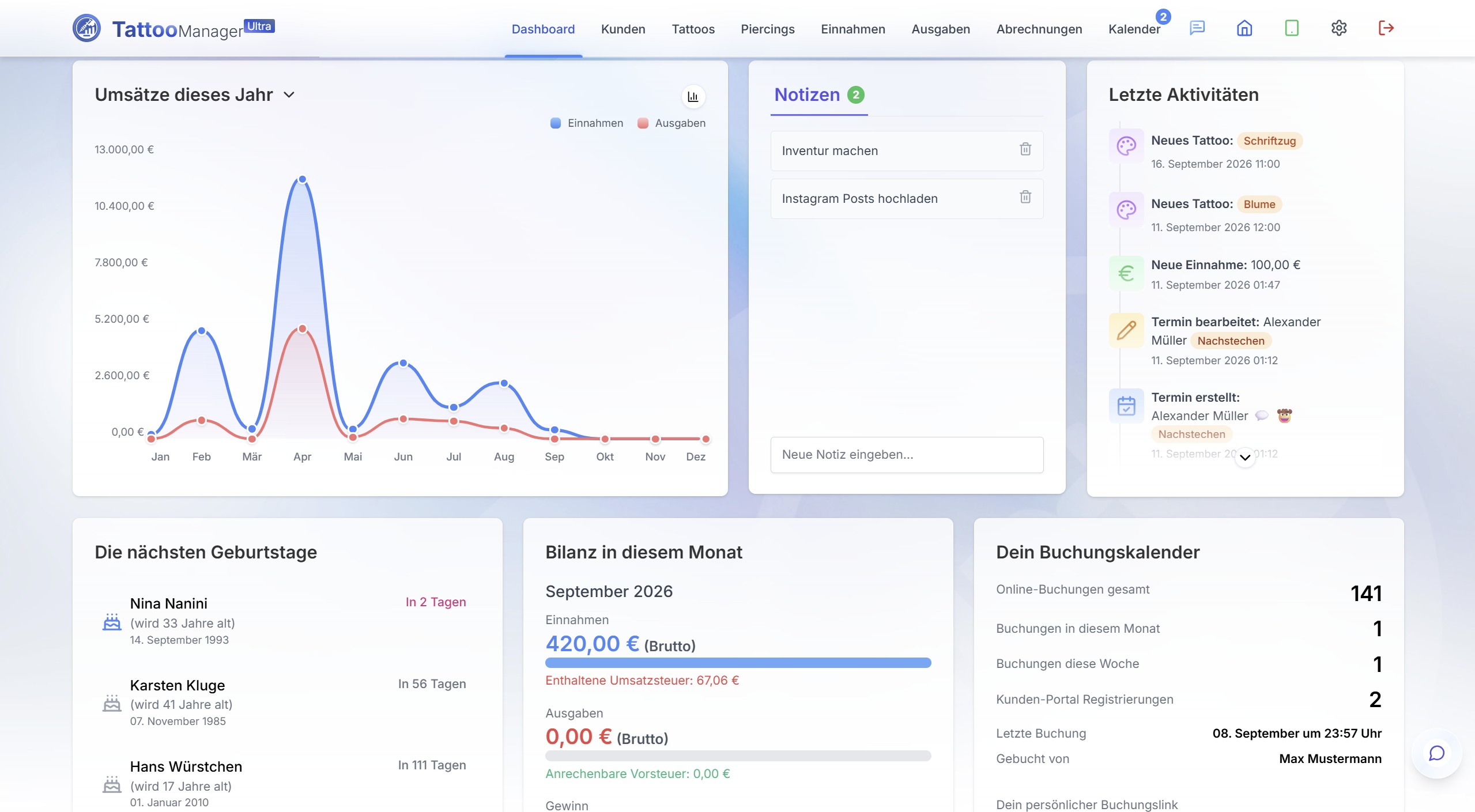 TattooManager Finanzen – Dashboard und Bilanz