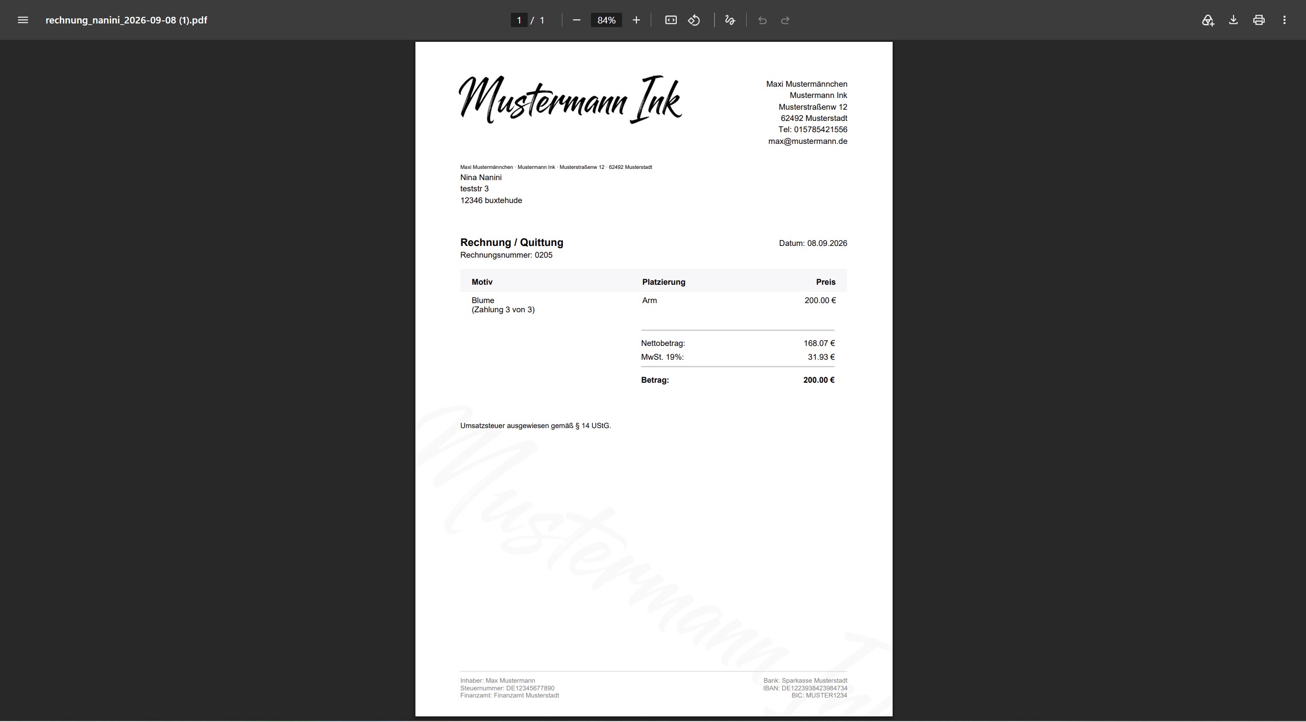 TattooManager Finanzen – Rechnung als PDF