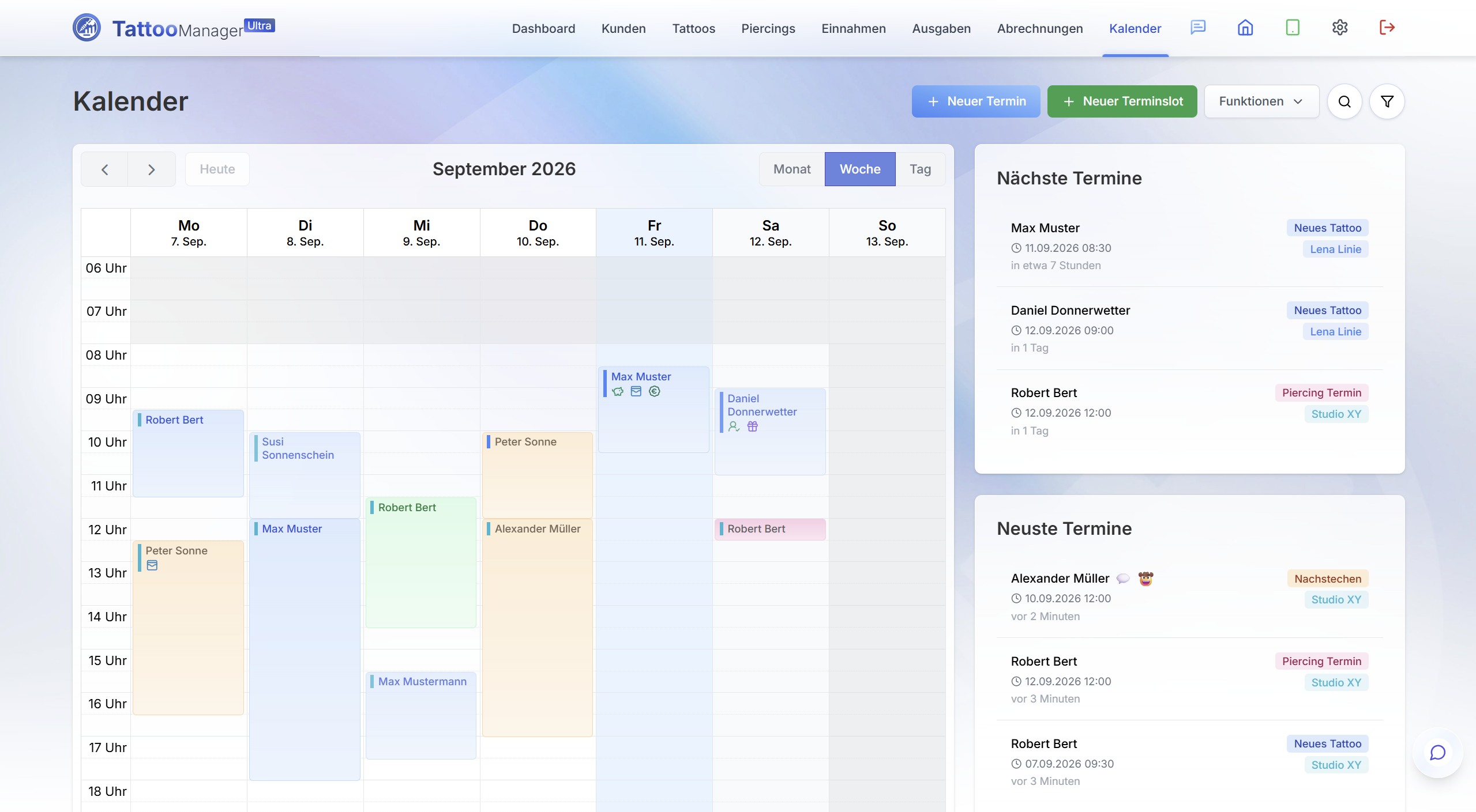 TattooManager Kalender – Wochenansicht