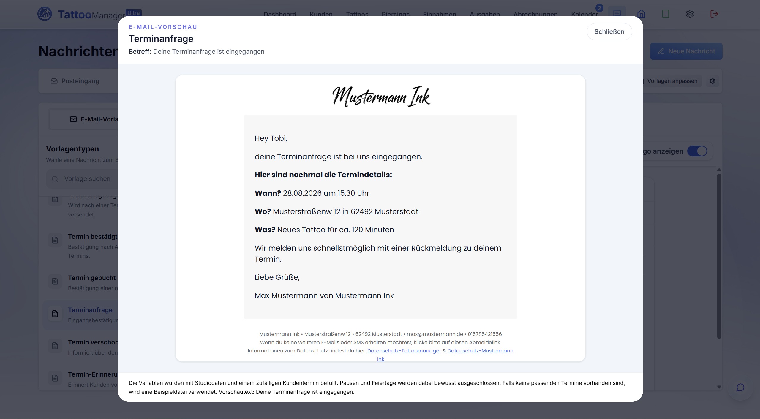 TattooManager Kommunikation – E-Mail-Vorschau