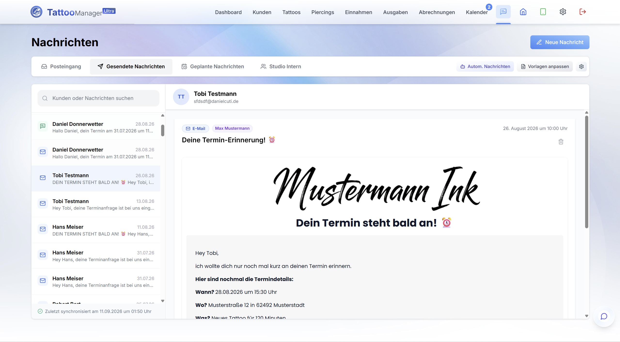 TattooManager Kommunikation – gesendete Nachrichten