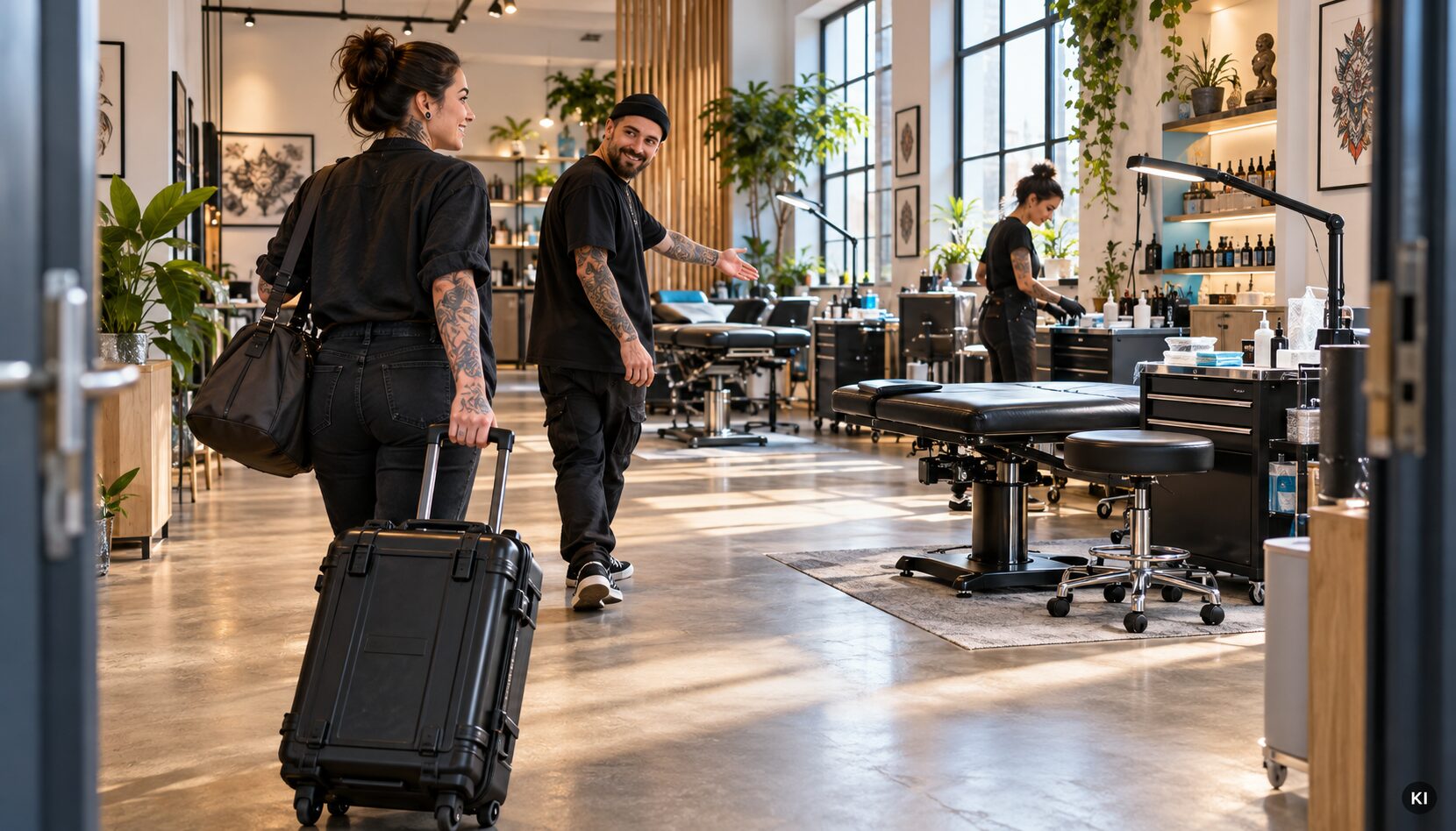 Guest Artist kommt mit Equipment in einem professionellen Tattoo-Studio an