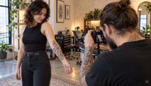 Tattoo-Artist fotografiert das verheilte Tattoo einer Kundin im Studio