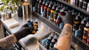 Tattoo-Artist organisiert Tätowierfarben nach Chargen im Studio