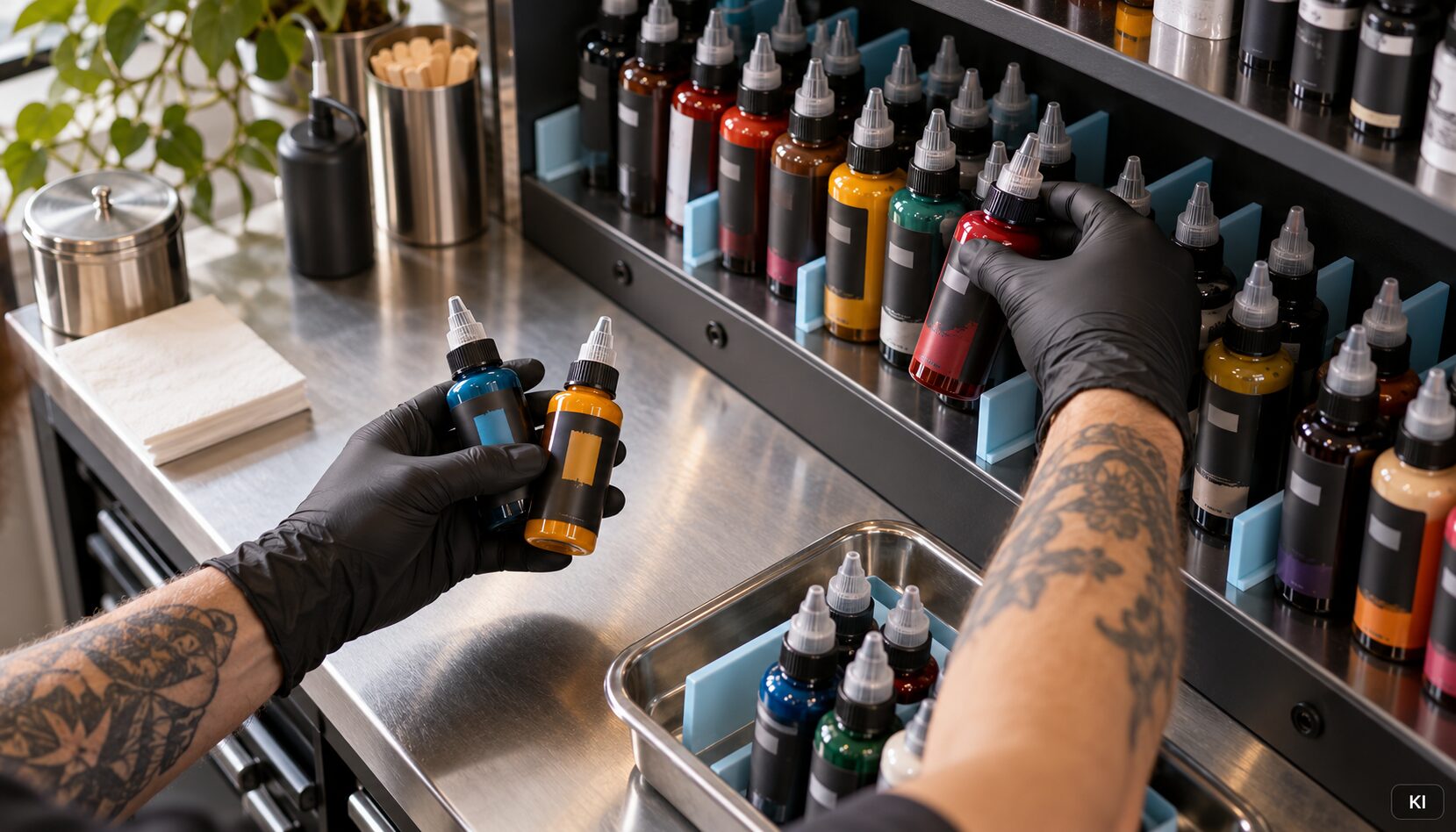 Tattoo-Artist organisiert Tätowierfarben nach Chargen im Studio