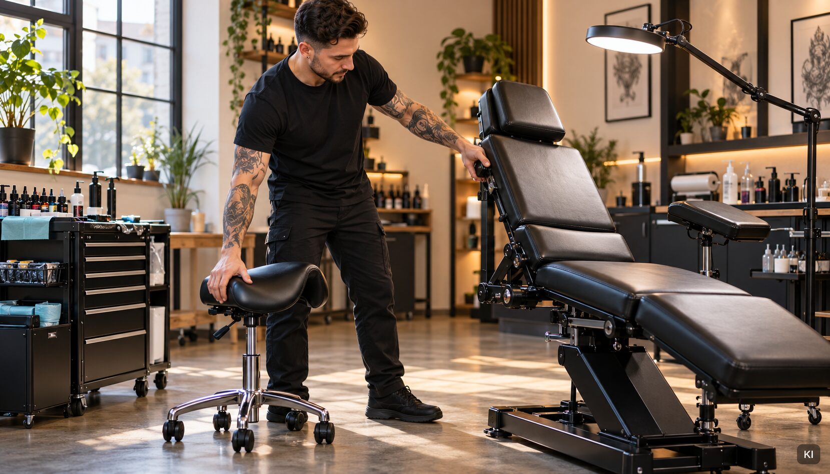 Tattoo-Artist stellt Liege und Hocker für ergonomisches Arbeiten im Studio ein
