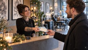Tattoo-Artist überreicht einem Kunden einen Gutschein im Tattoo-Studio
