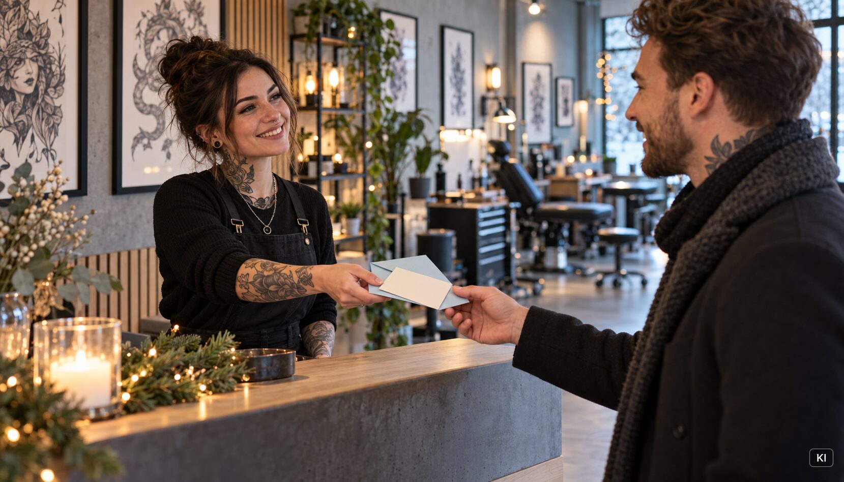 Tattoo-Artist überreicht einem Kunden einen Gutschein im Tattoo-Studio