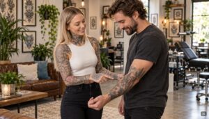 TattooManager-Artist bespricht mit einem Stammkunden dessen verheiltes Tattoo