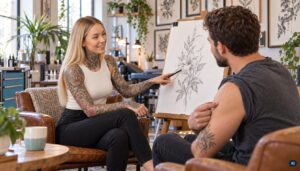 TattooManager-Werbgesicht im Beratungsgespräch mit einem Kunden im Tattoo-Studio