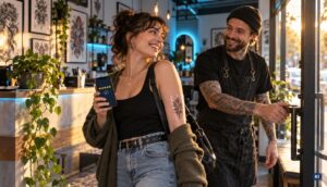 Zufriedene Kundin gibt nach ihrem Tattoo-Termin eine Bewertung ab