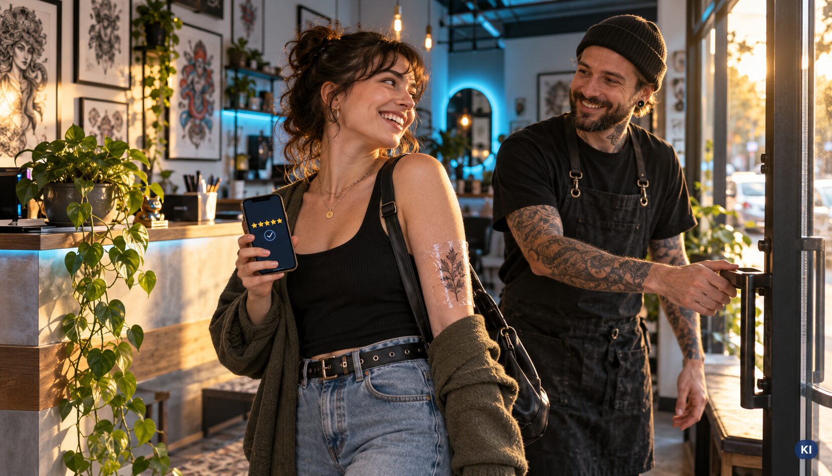 Zufriedene Kundin gibt nach ihrem Tattoo-Termin eine Bewertung ab